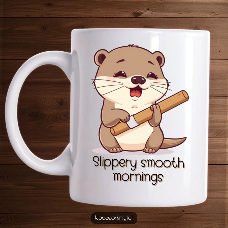Funny otter mug, giggling expression, using a chisel with surprising dexterity and focus, a skilled artisan.
