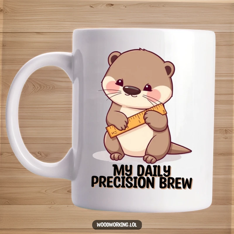 Funny otter mug, a playful otter meticulously measuring a piece of wood with a tiny ruler, showing focused, aquatic artistry.