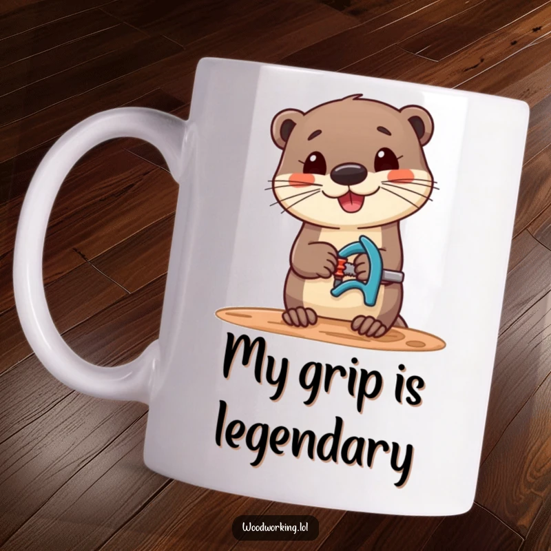 Funny mug with a cheerful otter expertly using a clamp on a piece of wood, embracing a fun woodworking hobby.