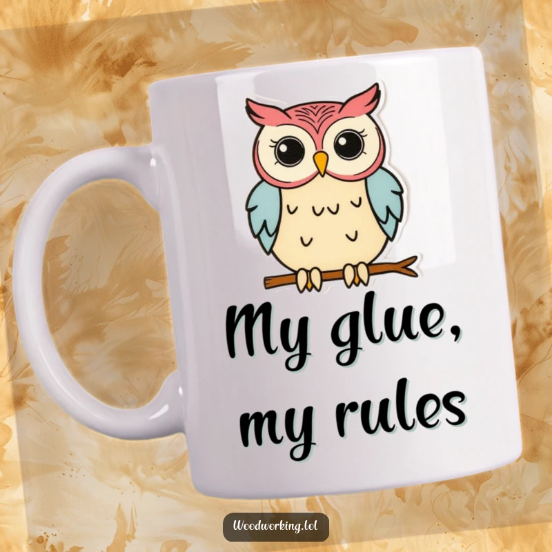 Funny Owl Mug: An owl focused on a woodworking project, meticulously gluing pieces together with a determined expression.