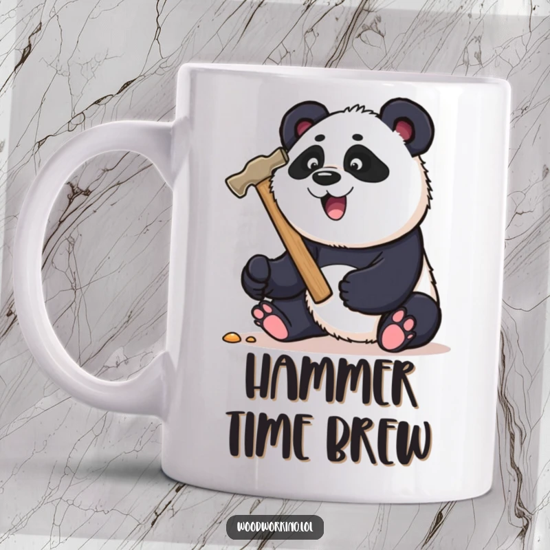 Funny panda carpenter mug, playfully hammering a nail with a giant hammer, showing strength and humor.
