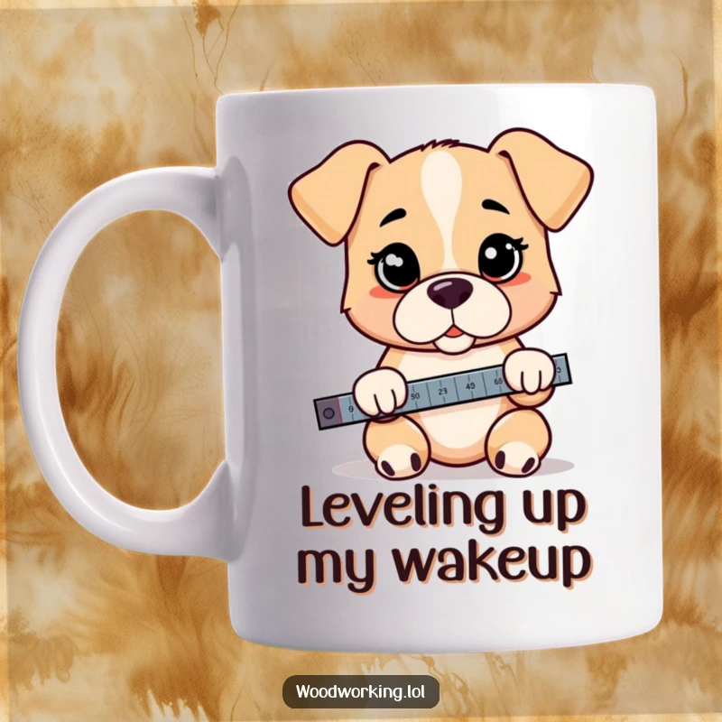 Funny puppy level mug, a cute cartoon puppy with a surprisingly serious expression holding a spirit level tool.