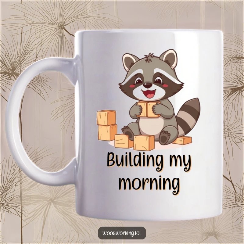Funny Raccoon Mug: A jolly raccoon happily stacking wooden blocks, a funny gift for builders.