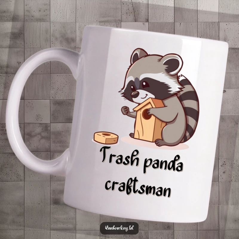Funny raccoon meticulously sanding a small wooden birdhouse with a cheerful smile, perfect for coffee lovers.