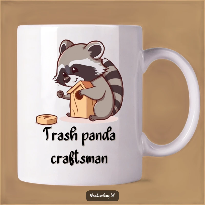 Funny Raccoon Sanding Birdhouse Mug: Curious Carpenter's Gift for Hobbyists & Animal Lovers