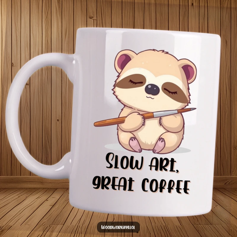 Funny sloth mug, a sleepy sloth gently holding a paintbrush, ready to create art with a calm and deliberate demeanor.