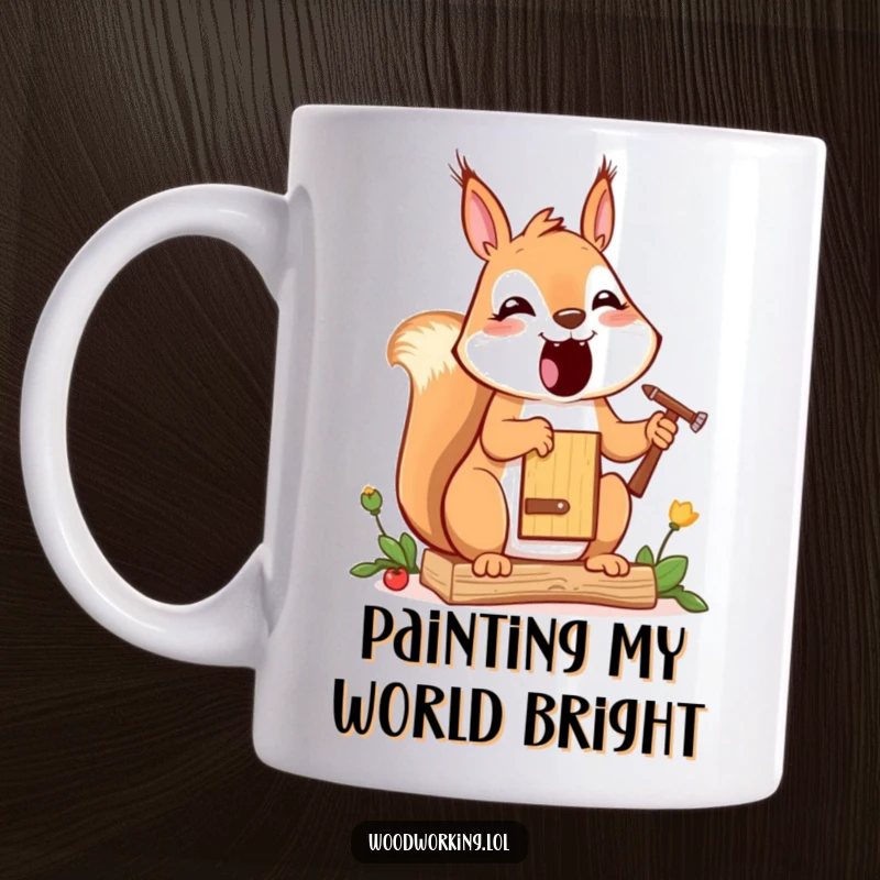 Funny squirrel painting mug, a cheerful cartoon squirrel with a paintbrush decorating a small wooden birdhouse with care.