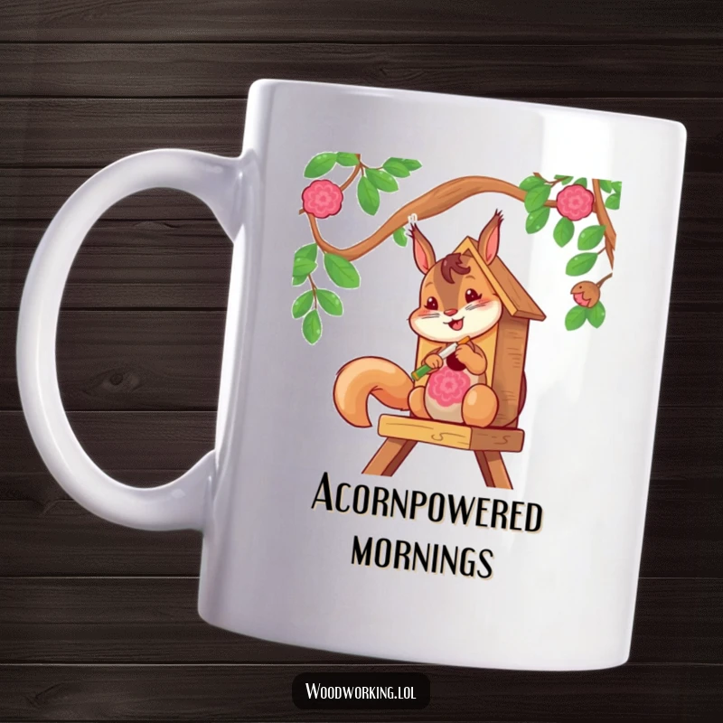 Funny squirrel with a paintbrush, adding vibrant colors to a wooden birdhouse on a cheerful mug, great for artists.