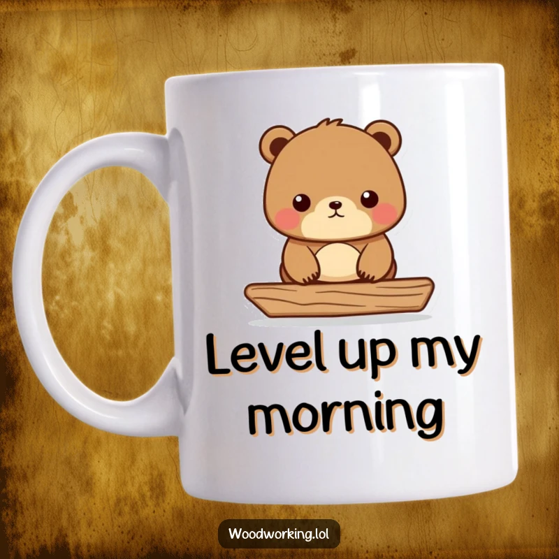 Funny Bear Carpenter Mug showing a focused bear carefully balancing wood with a carpenter's level, a humorous gift for builders.