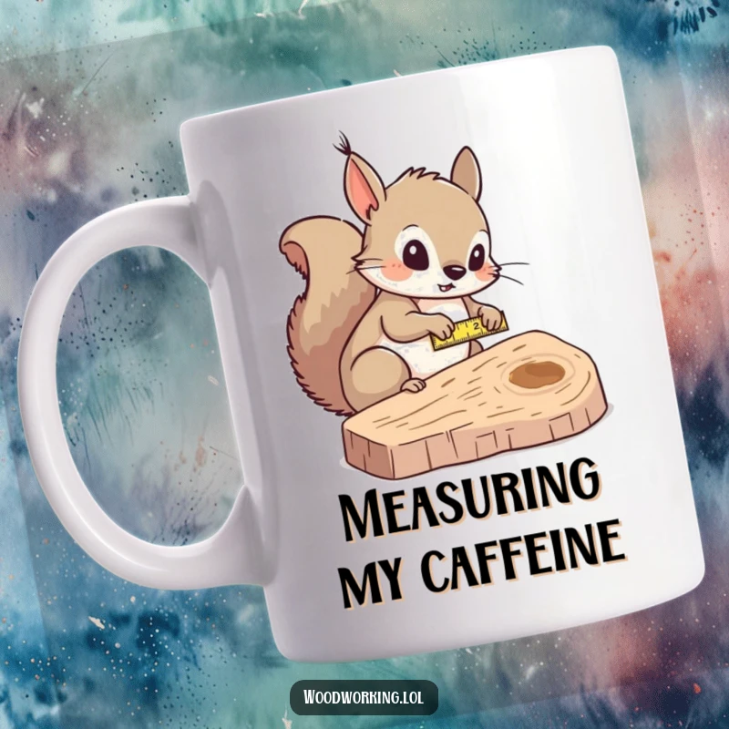 Funny squirrel measurer mug, curiously measuring wood with a tape measure, showcasing precision humor.