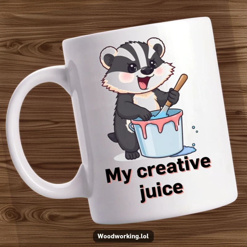 Funny badger artist mug, energetically stirring vibrant paint in a bucket, embodying creative passion and humorous chaos for art lovers.