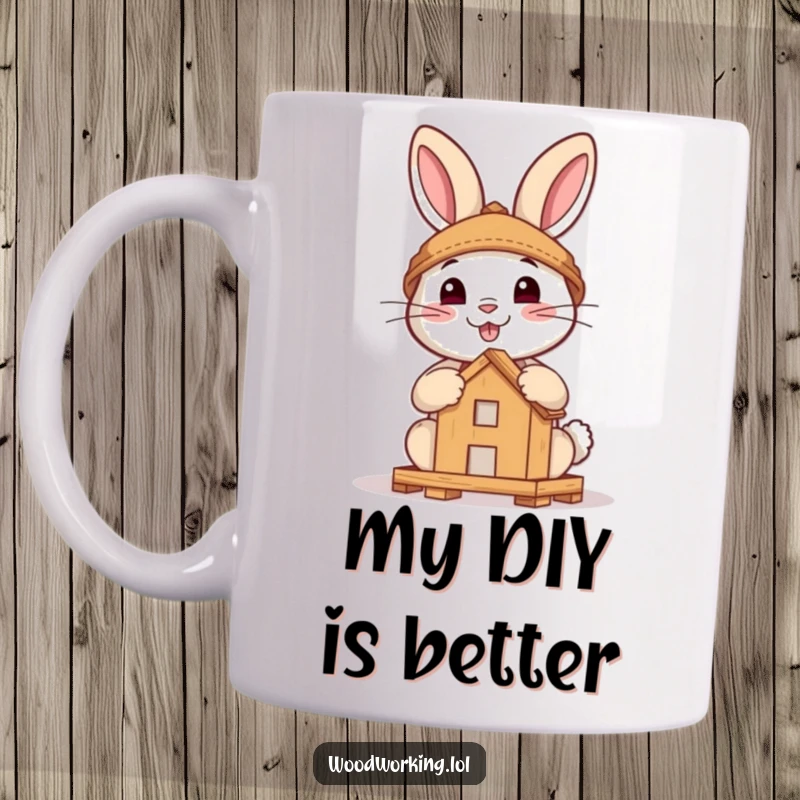 Funny mug featuring a brave, smiling rabbit meticulously assembling a small wooden structure with determination and joy.