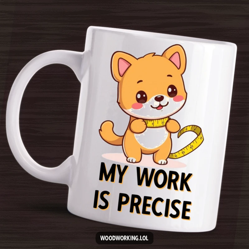 Funny dog wearing glasses, measuring wood with a giant tape measure on a coffee mug, perfect for DIY lovers.