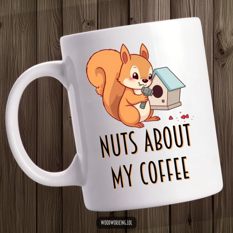 Funny determined squirrel hammering nails into a tiny birdhouse, perfect for a coffee mug.