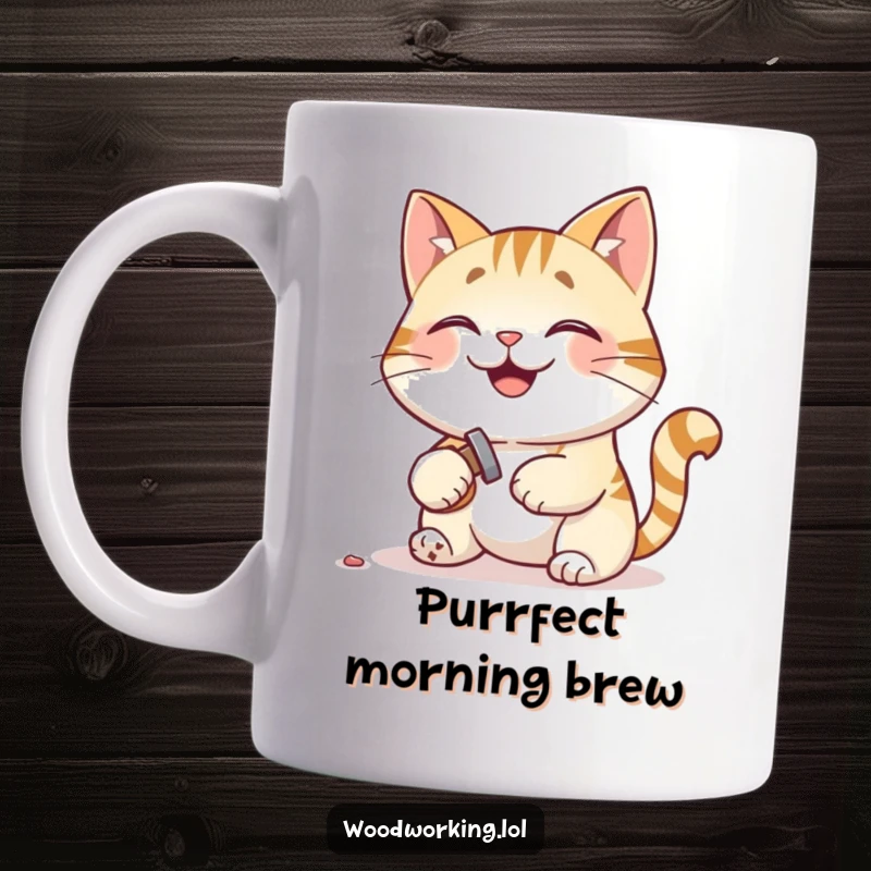 Funny mug showing a smiling cat proudly hammering a tiny nail with a look of pure satisfaction.