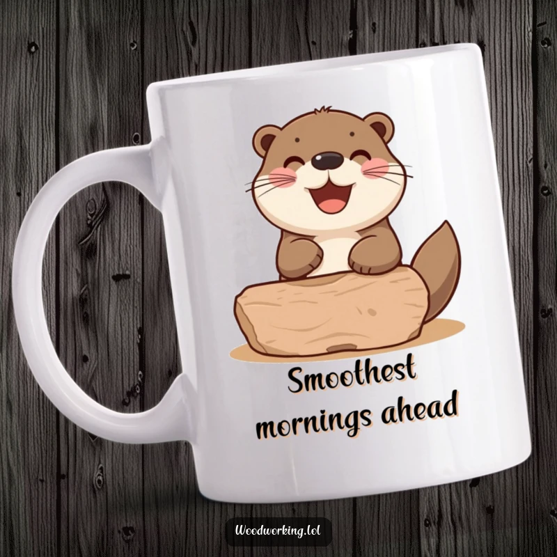 Funny otter happily sanding a wooden shape with a satisfied puff, depicted on this humorous mug.
