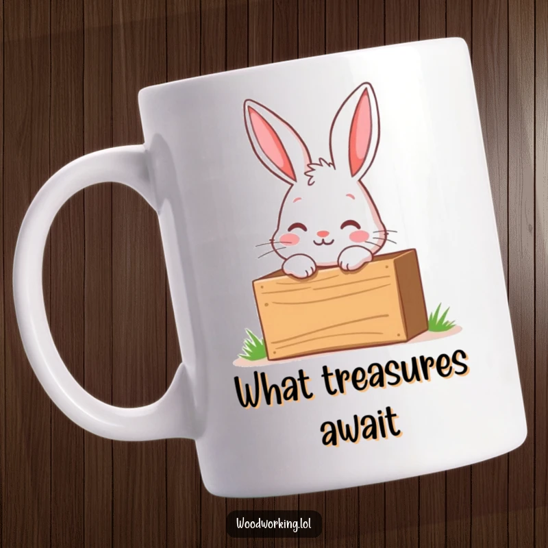 Funny bunny mug featuring a curious rabbit peering into a wooden toolbox with wide-eyed excitement and anticipation.