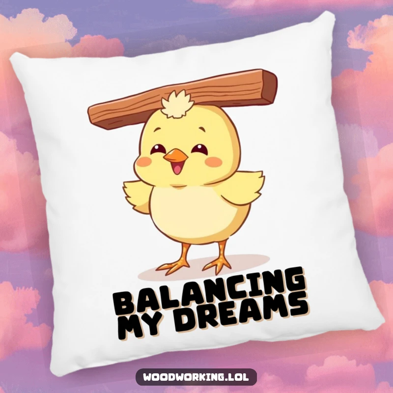 Funny pillow featuring a giggling chick balancing a plank on its head, offering whimsical comfort and humor.