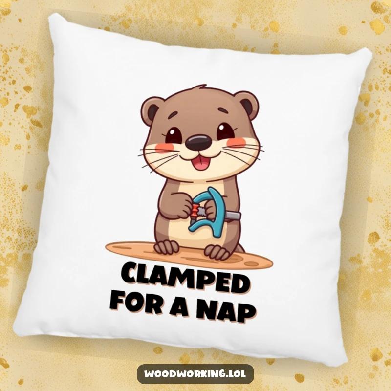 Funny pillow with a cheerful otter holding a clamp, ready for woodworking, offering comfort and humor.