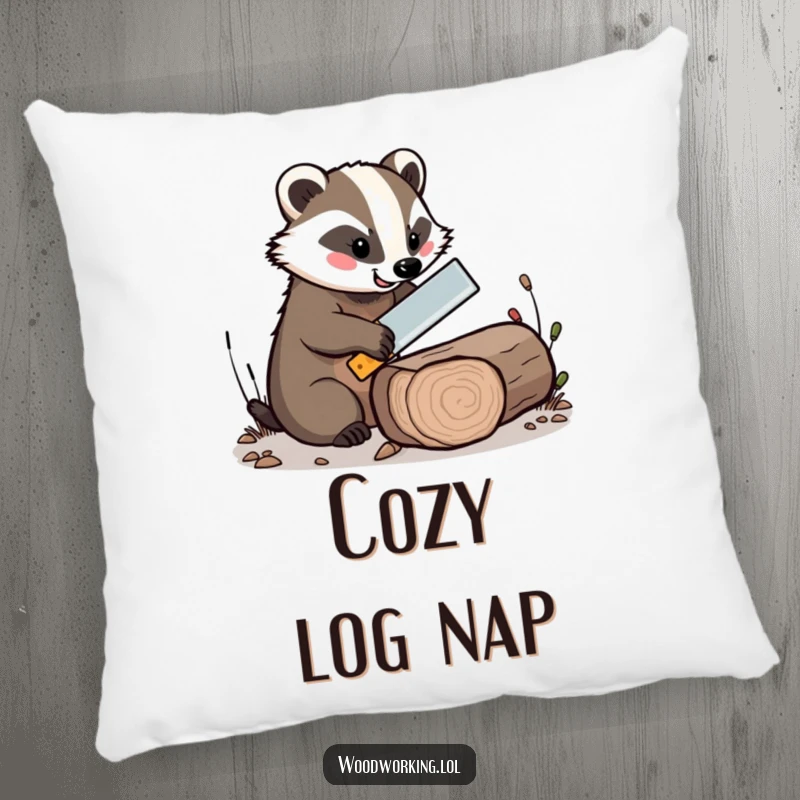 Funny pillow featuring a cheerful badger expertly sawing a log with a tiny saw, soft and humorous.