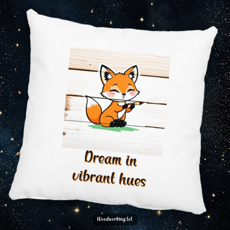 Funny playful fox carefully painting a colorful design on a wooden plank, a soft and humorous pillow.