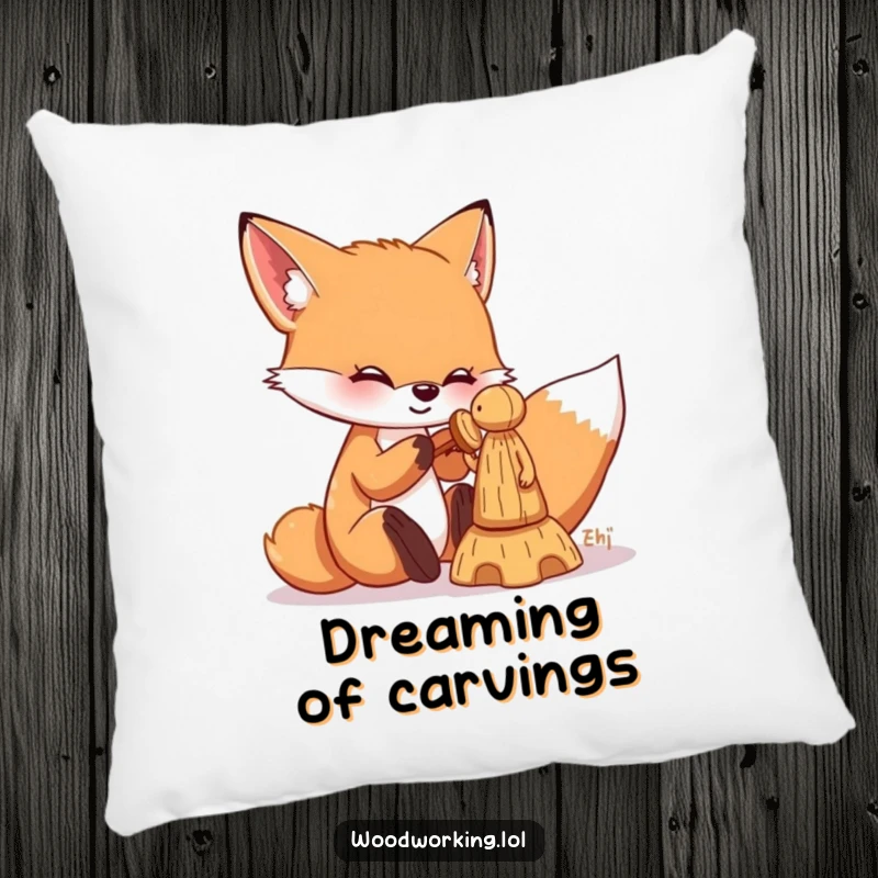Funny fox pillow featuring a playful fox chiseling a wooden figure, bringing comfort and artistic humor to any room.