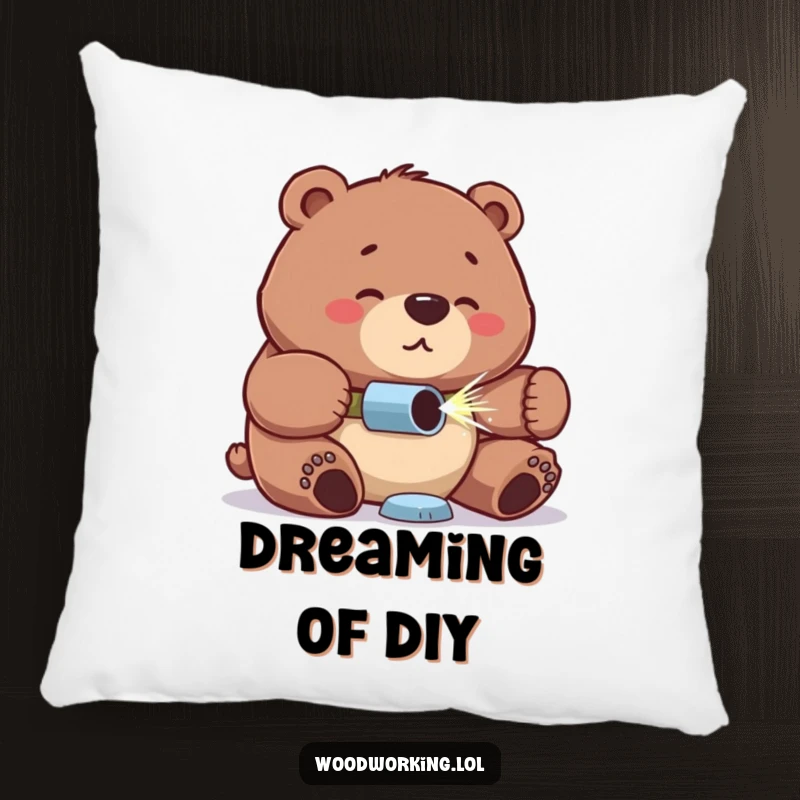 Funny bear pillow, proud expression, concentrated look drilling, a soft and humorous accent piece for builders.