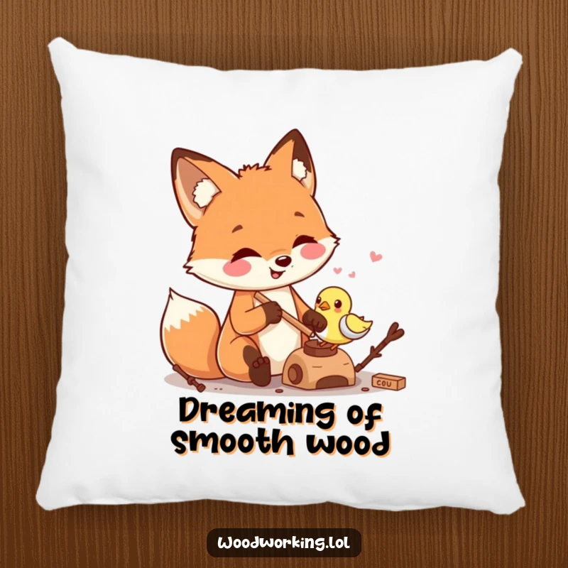 Funny smiling fox carving a wooden bird on a plush pillow, combining cozy comfort with artistic skill and a humorous touch.