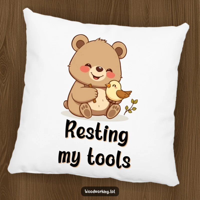 Funny bear proudly carving a small wooden bird, depicted on a soft and comfortable pillow for humorous home decor.