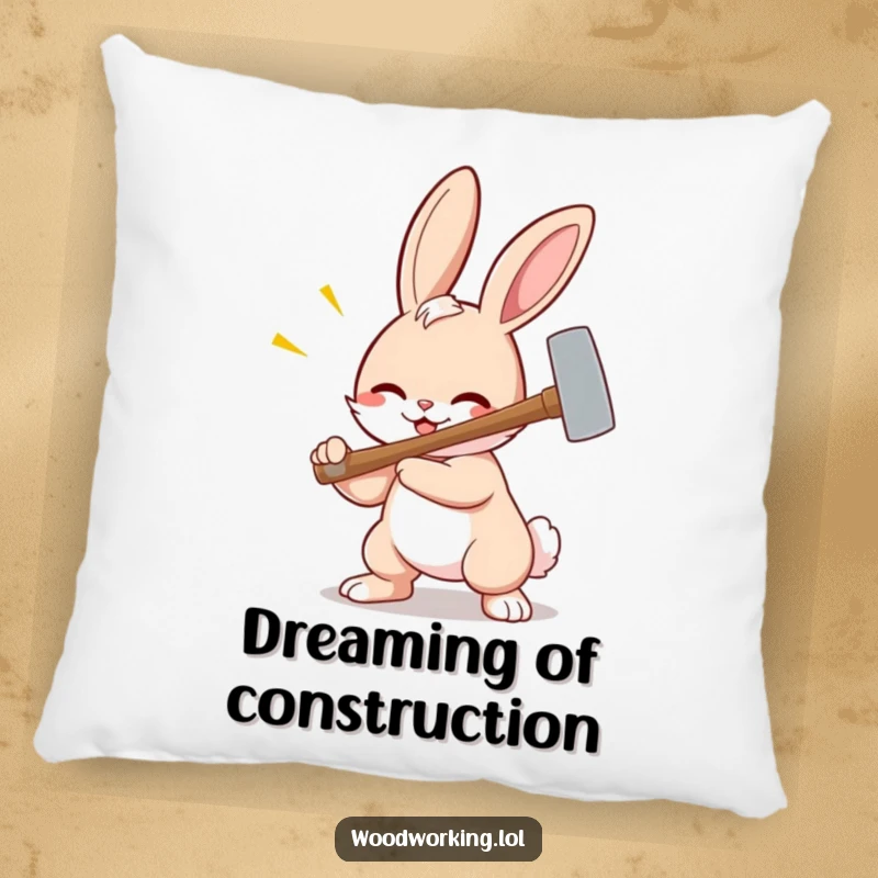 Funny bunny throw pillow, a cartoon bunny aggressively but happily hammering, adding humorous charm to any room.