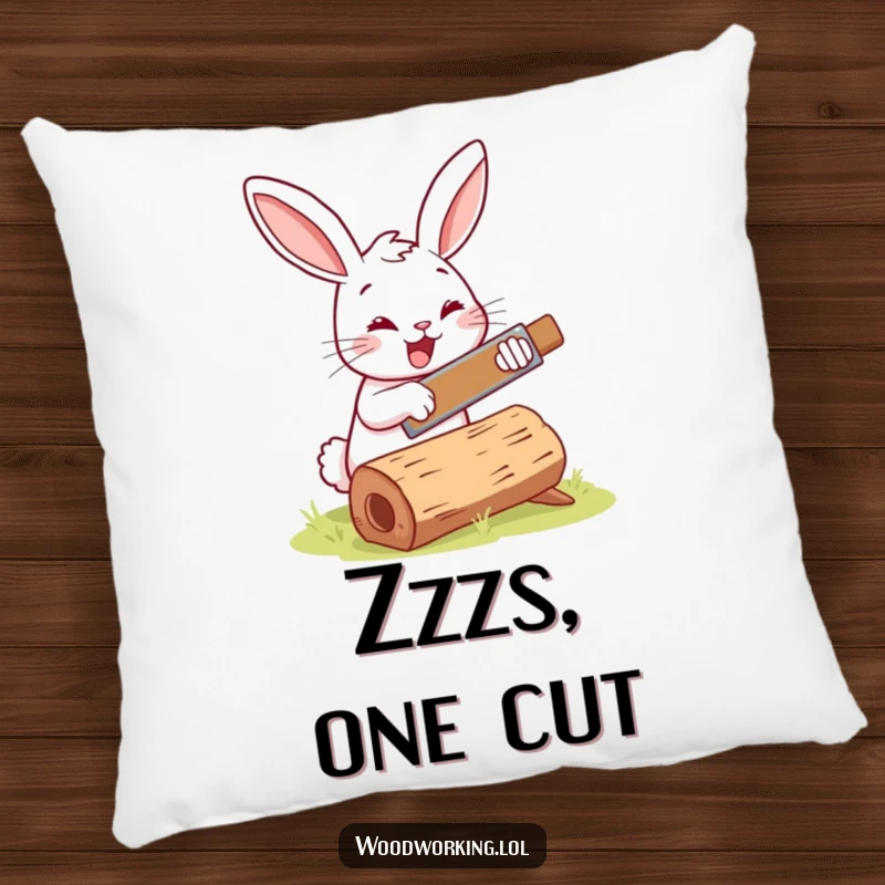Funny bunny woodworker pillow, happily sawing a log, offering comfort and a dose of cute, cheerful humor.