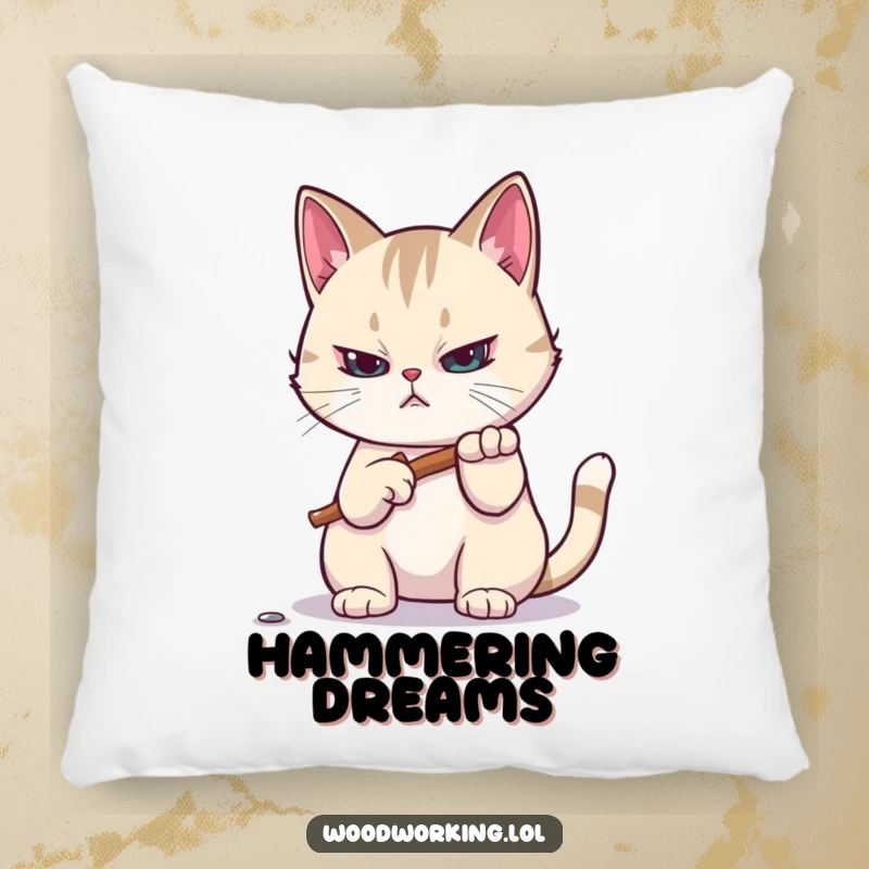 Funny pillow: A focused cat hammers a tiny nail, offering cozy DIY humor and comfort as a delightful gift.