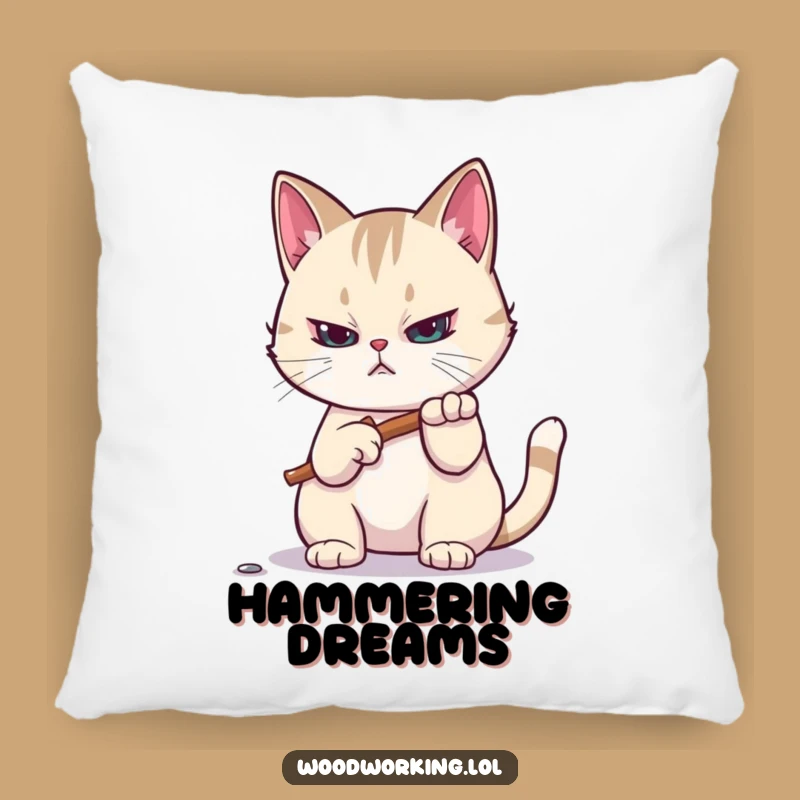 Funny Cat Craft Pillow: Focused Hammering Comfort, Hilarious Gift