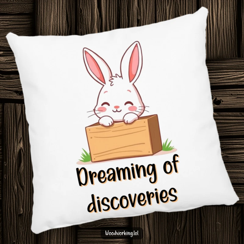 Funny pillow featuring a curious bunny peering into a wooden toolbox with excitement, adding comfort and a sense of adventure.