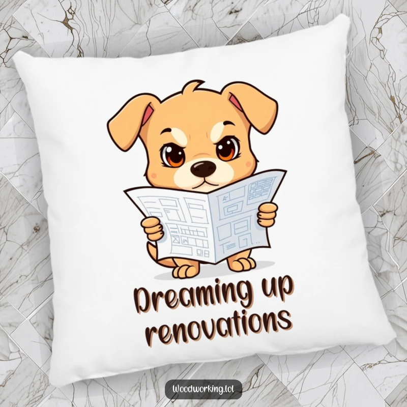 Funny Dog Pillow: A determined dog resting with a blueprint, soft and comfy, a funny gift.