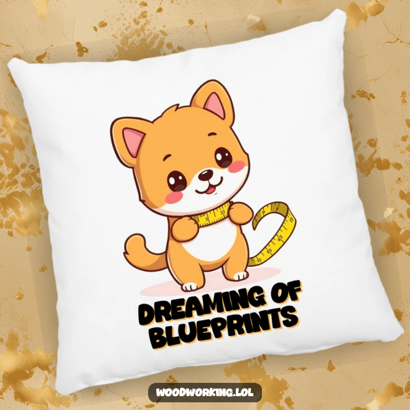 Soft, funny dog pillow showing a canine carpenter measuring wood with a giant tape measure, perfect for sofas.