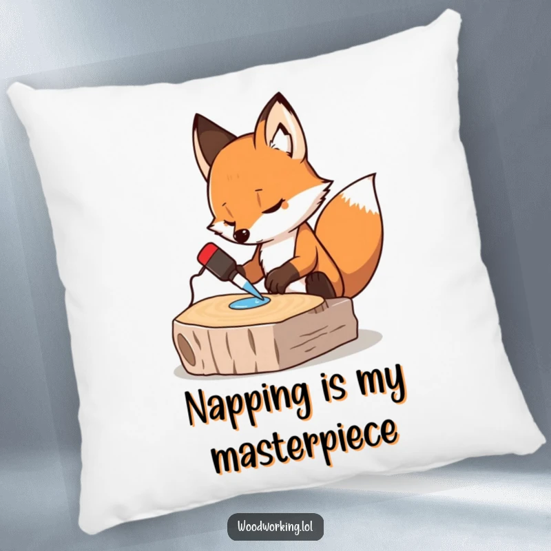 Funny pillow with a determined fox glued to woodworking, adding a humorous and cozy touch to home decor.