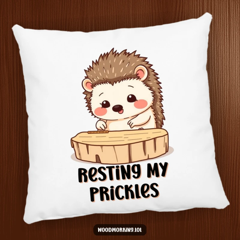 Funny decorative pillow with a happy hedgehog measuring wood, perfect for adding cozy crafting humor.