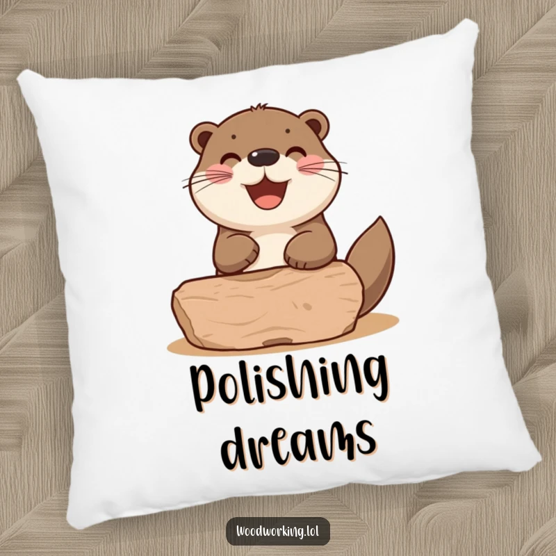 Funny otter sanding a wooden shape, depicted on a soft and comfortable pillow for humorous home decor.