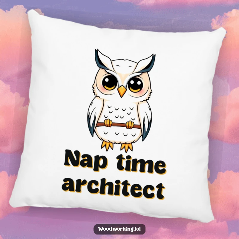 Funny owl pillow showing a content owl sketching a birdhouse blueprint, perfect for adding thoughtful comfort and design inspiration.