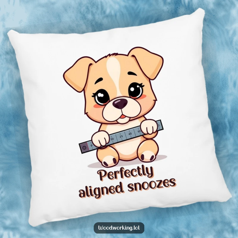 Funny puppy throw pillow, a cartoon puppy holding a level with a serious expression, perfect for cozy, humorous spaces.