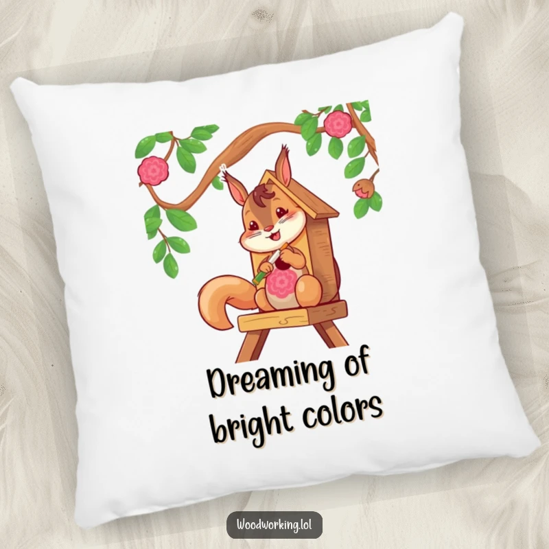 Soft, funny squirrel pillow showing a cheerful artist painting a birdhouse, great for living rooms.