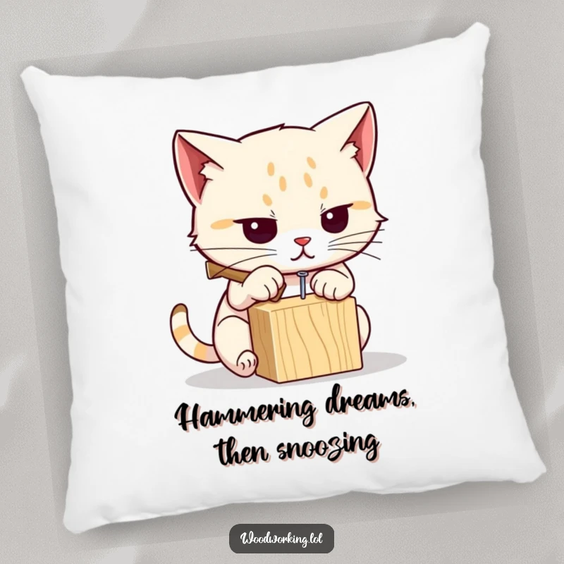 Funny cat pillow featuring a determined cat with a hammer and nail, bringing comfort and humor to any room.