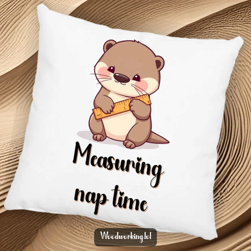 Funny otter pillow, a playful otter meticulously measuring a piece of wood with a tiny ruler, providing comfort with a touch of craftiness.