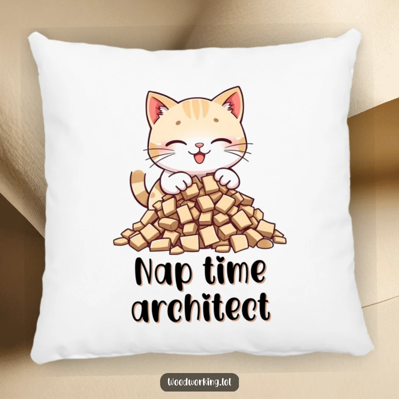 Funny cat pillow showing a happy cat carefully placing wood chips into a pile, perfect for adding cozy crafting comfort.