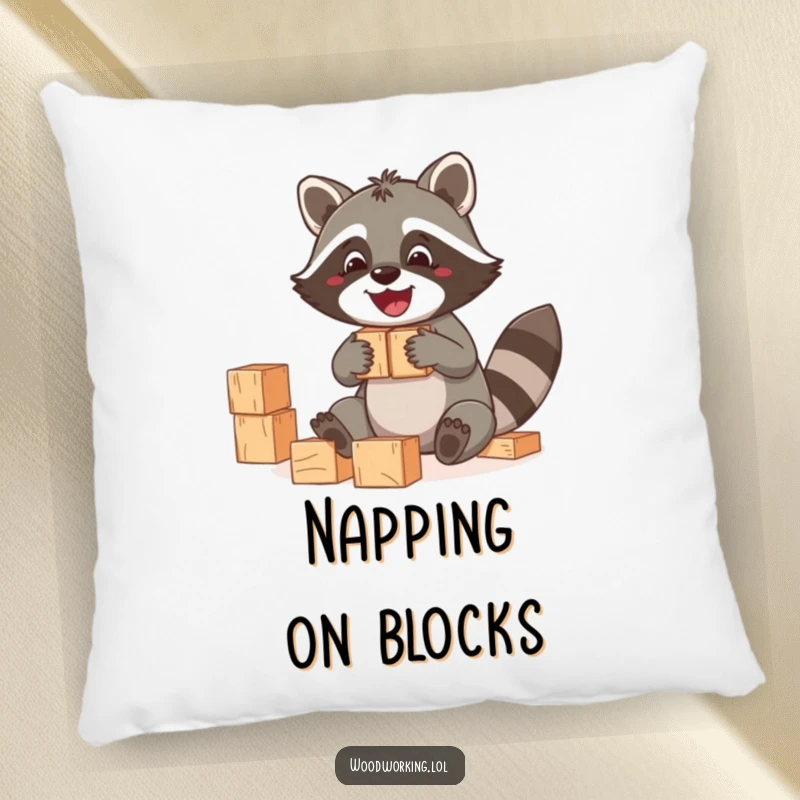 Funny Raccoon Pillow: A jolly raccoon resting near wooden blocks, soft and cuddly, a funny gift.
