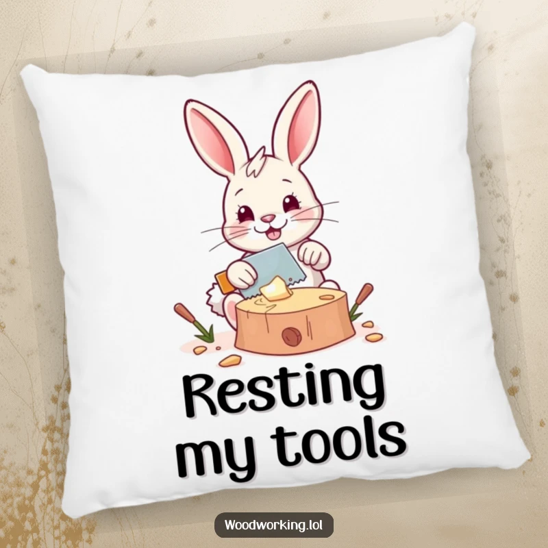 Funny pillow: A happy bunny saws wood with a tiny saw, offering cozy DIY humor and comfort as a delightful gift.