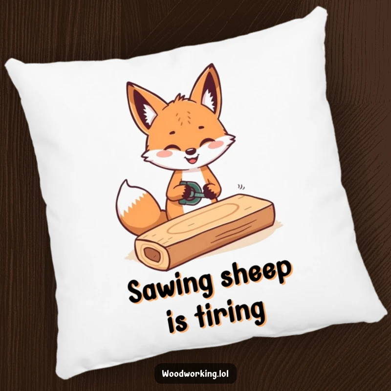 Funny pillow showcasing a cheerful fox sawing wood with rhythmic movements, adding charm.