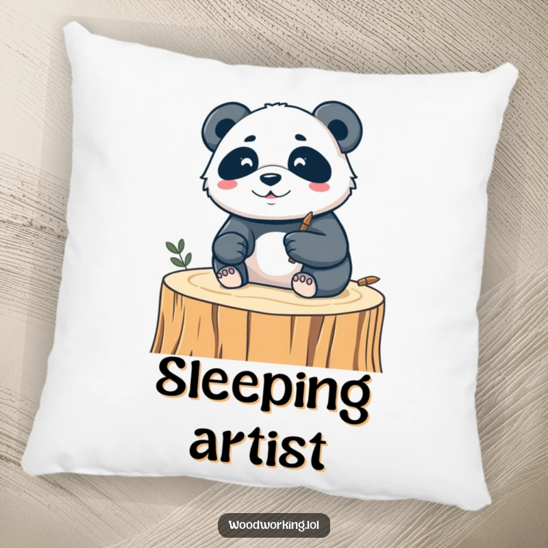Funny pillow featuring a silly panda focused on carving a delicate design into wood, providing soft comfort and artistic humor.