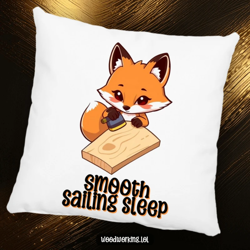 Funny pillow: A determined fox sands a wooden plank, offering cozy woodworking humor and focus as a delightful gift.